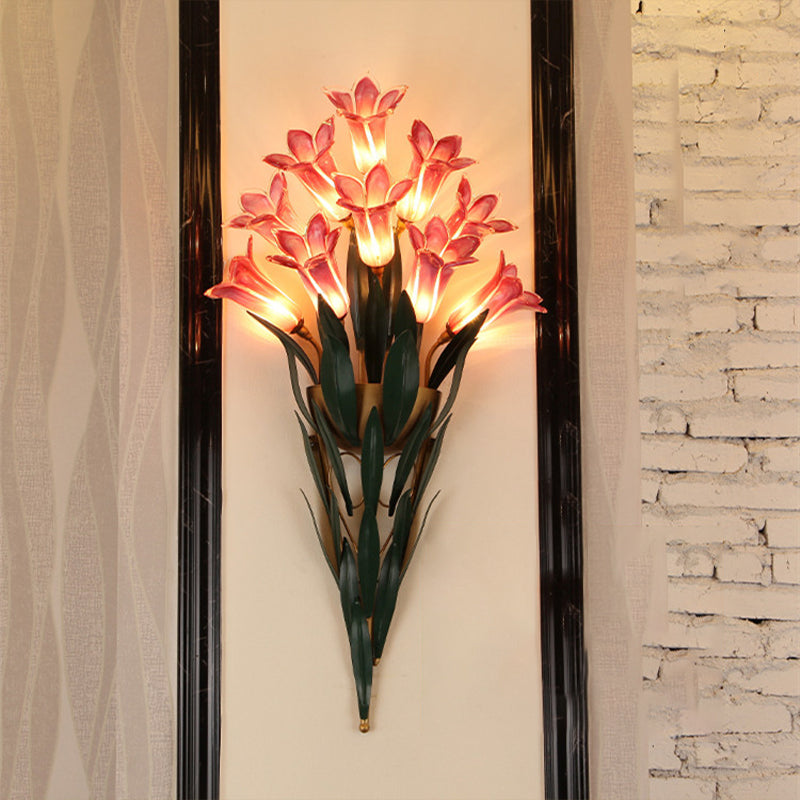 Rustic Lily Bouquet Wall Lamp Kit - 6/10 Heads White/Purple Glass Sconce Light Fixture For Dining