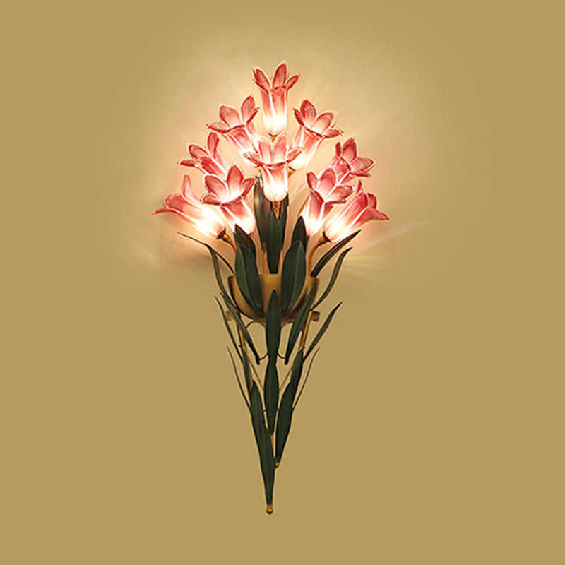 Rustic Lily Bouquet Wall Lamp Kit - 6/10 Heads White/Purple Glass Sconce Light Fixture For Dining