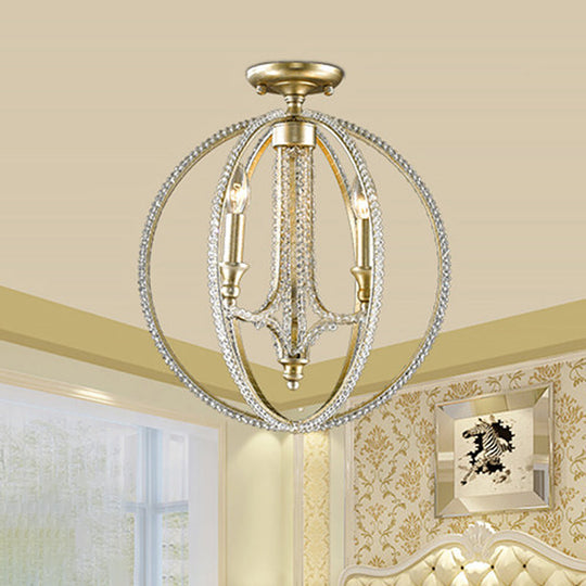 Crystal Gold Finish Semi Flush Ceiling Lamp with 3 Globe Heads - Traditional Lighting for Living Room