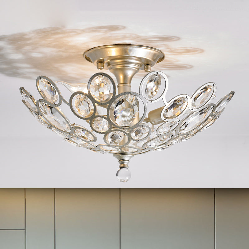 Crystal Flushmount Retro Silver/Gold Bubble Ring Chandelier Lighting - 3-Bulb Clear Faceted, Ideal for Kitchen