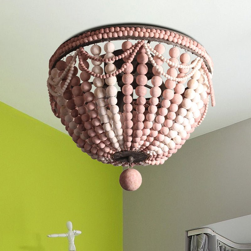 Rustic Wood Beaded Dome Flushmount Chandelier - 3 Bulb Ceiling Mount for Dining Table - Pink/White/Blue