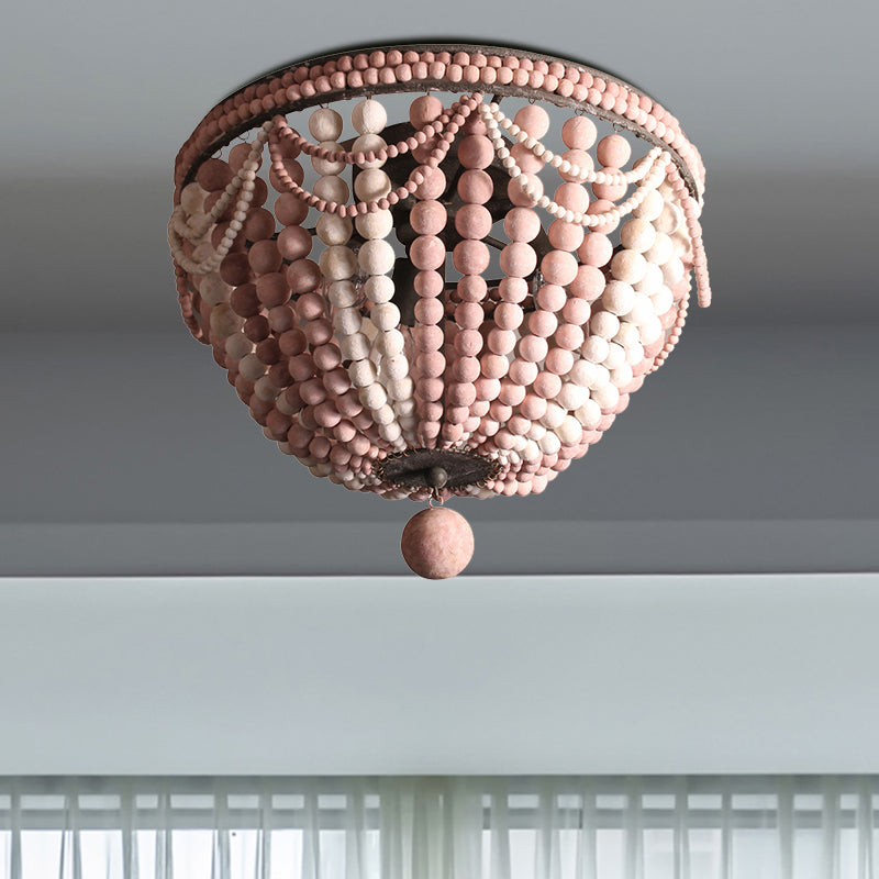 Rustic Wood Beaded Dome Flushmount Chandelier - 3 Bulb Ceiling Mount for Dining Table - Pink/White/Blue