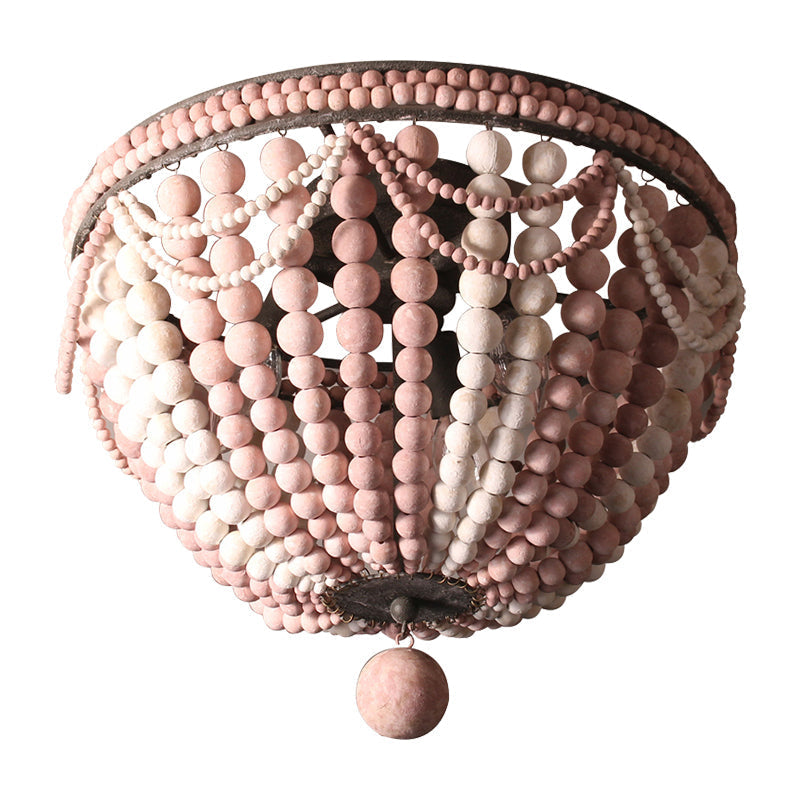 Rustic Wood Beaded Dome Flushmount Chandelier - 3 Bulb Ceiling Mount for Dining Table - Pink/White/Blue