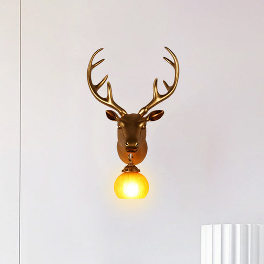 Antler Resin Gold Sconce Lamp - Rustic Wall Light With Amber Glass Shade