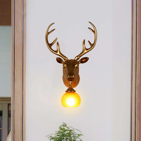 Antler Resin Gold Sconce Lamp - Rustic Wall Light With Amber Glass Shade / Curved