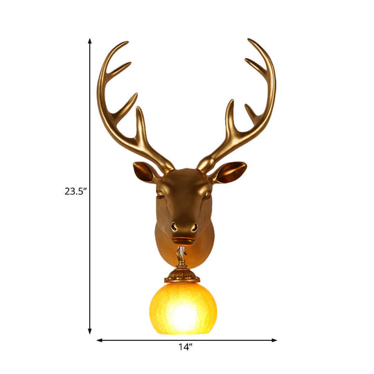 Antler Resin Gold Sconce Lamp - Rustic Wall Light With Amber Glass Shade