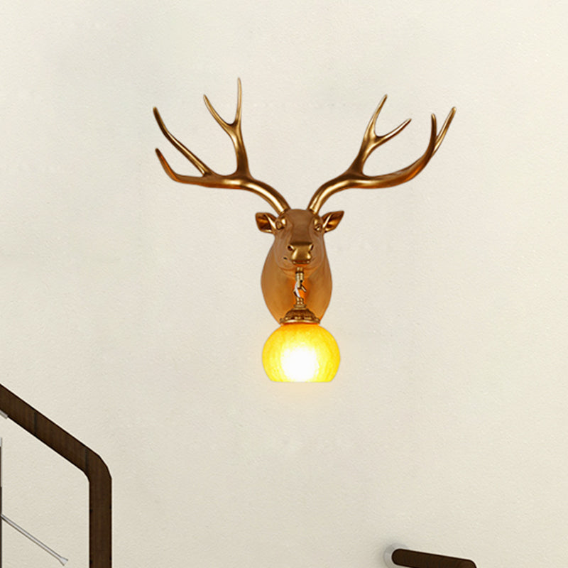 Antler Resin Gold Sconce Lamp - Rustic Wall Light With Amber Glass Shade / Straight