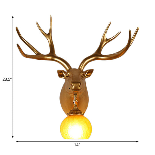 Antler Resin Gold Sconce Lamp - Rustic Wall Light With Amber Glass Shade