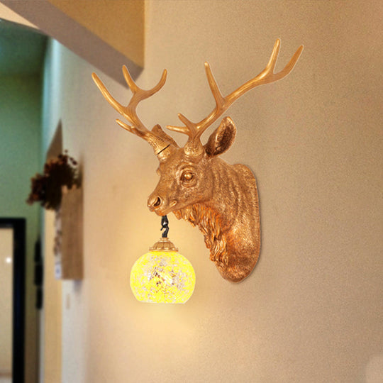 Rustic Yellow Crackle Glass Wall Light With Gold Elk Backplate - Available In Multiple Sizes