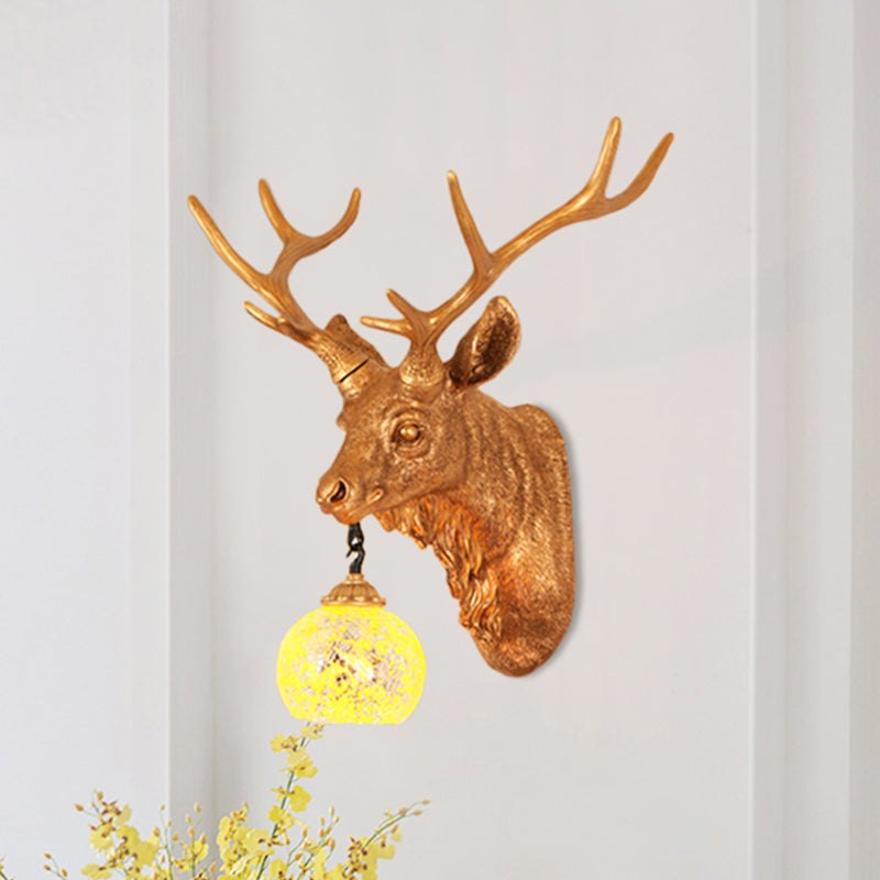 Rustic Yellow Crackle Glass Wall Light With Gold Elk Backplate - Available In Multiple Sizes / 14.5