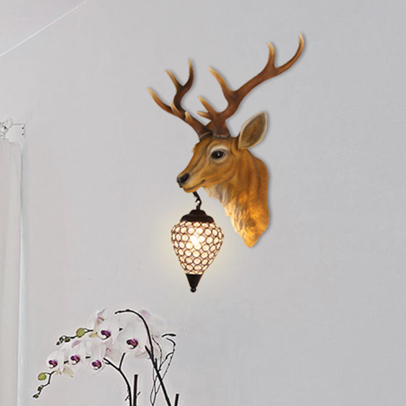 Country Crystal Wall Sconce Lamp With Deer Head Teardrop Beveled Design - 15/20.5/24.5 Wide 1