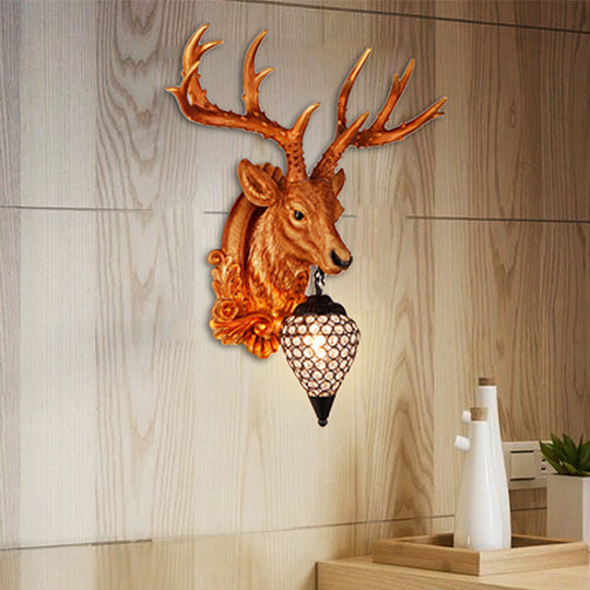 13/26 Single Resin Wall Light Fixture - Country White/Yellow/Gold Deer Head Sconce With Crystal