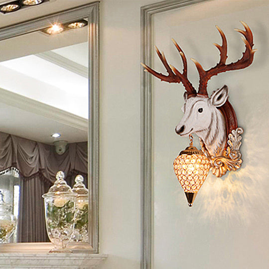 13/26 Single Resin Wall Light Fixture - Country White/Yellow/Gold Deer Head Sconce With Crystal