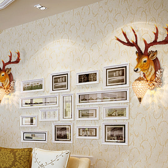 13/26 Single Resin Wall Light Fixture - Country White/Yellow/Gold Deer Head Sconce With Crystal