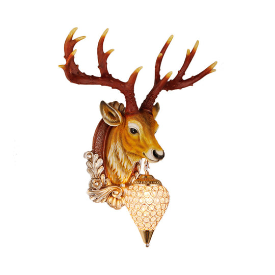 13/26 Single Resin Wall Light Fixture - Country White/Yellow/Gold Deer Head Sconce With Crystal