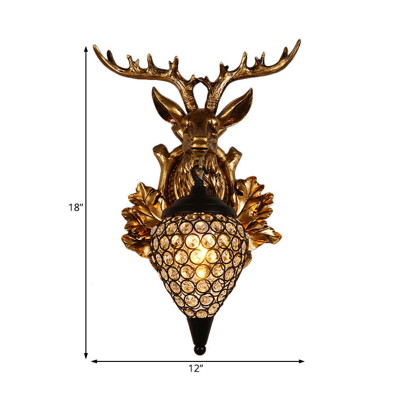 Farmhouse Teardrop Crystal Wall Mount Sconce With Elk Head Backplate - Brown/Gold 12/19.5