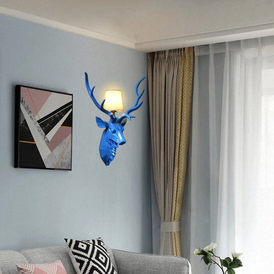 Rustic Style Engraved Deer Wall Sconce: Resin White/Blue 1 Light Fixture