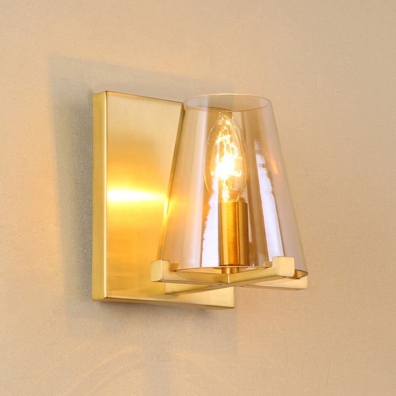 Colonial Wall Sconce: Clear Glass Cone-Shaped Light Fixture With Brass Mount For Kitchen