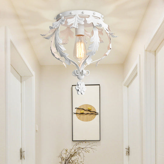 Rustic Grey/White/Gold Metal Leaf Crown Flush Light Ceiling Lamp for Corridor