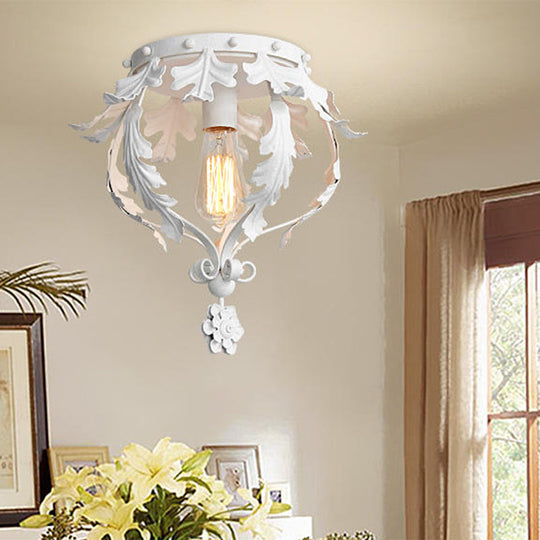 Rustic Grey/White/Gold Metal Leaf Crown Flush Light Ceiling Lamp for Corridor