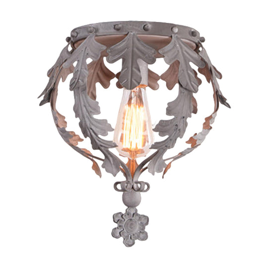 Rustic Grey/White/Gold Metal Leaf Crown Flush Light Ceiling Lamp for Corridor