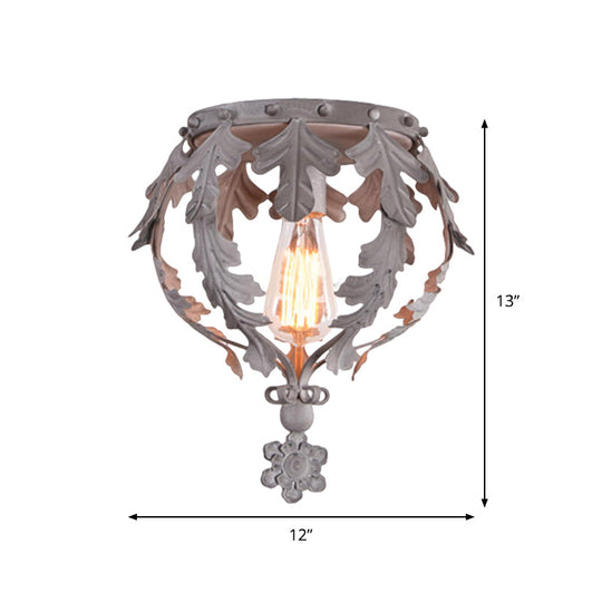 Rustic Grey/White/Gold Metal Leaf Crown Flush Light Ceiling Lamp for Corridor