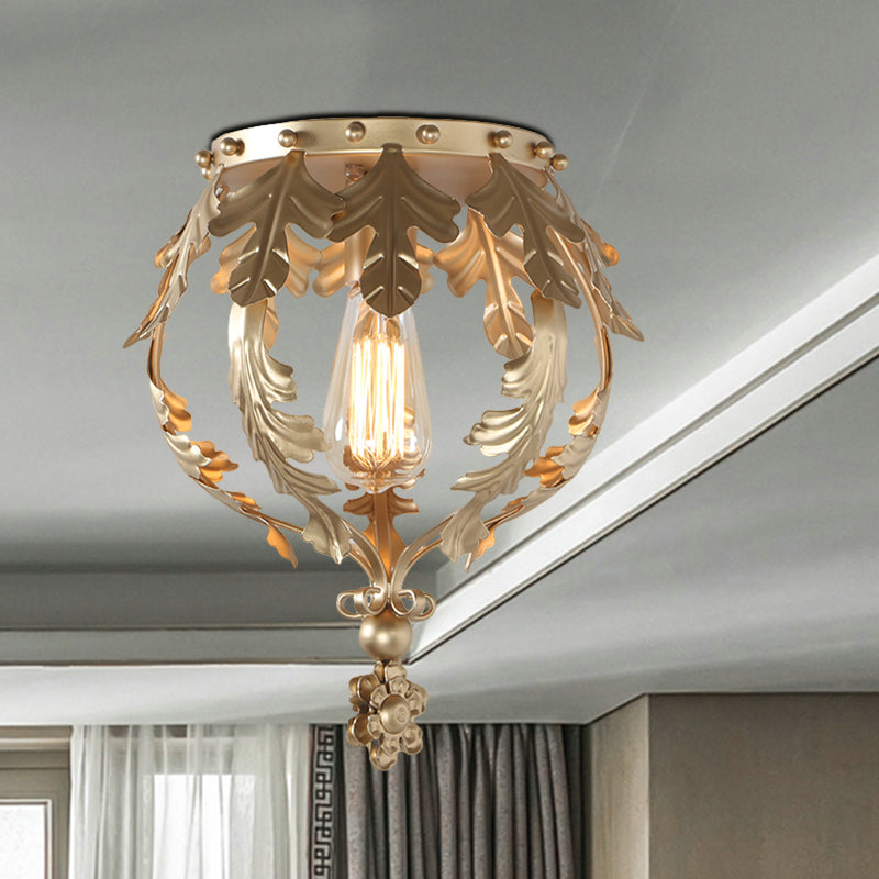 Rustic Grey/White/Gold Metal Leaf Crown Flush Light Ceiling Lamp for Corridor