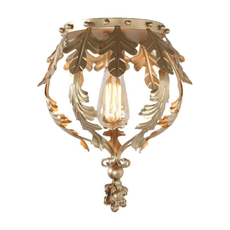 Rustic Grey/White/Gold Metal Leaf Crown Flush Light Ceiling Lamp for Corridor