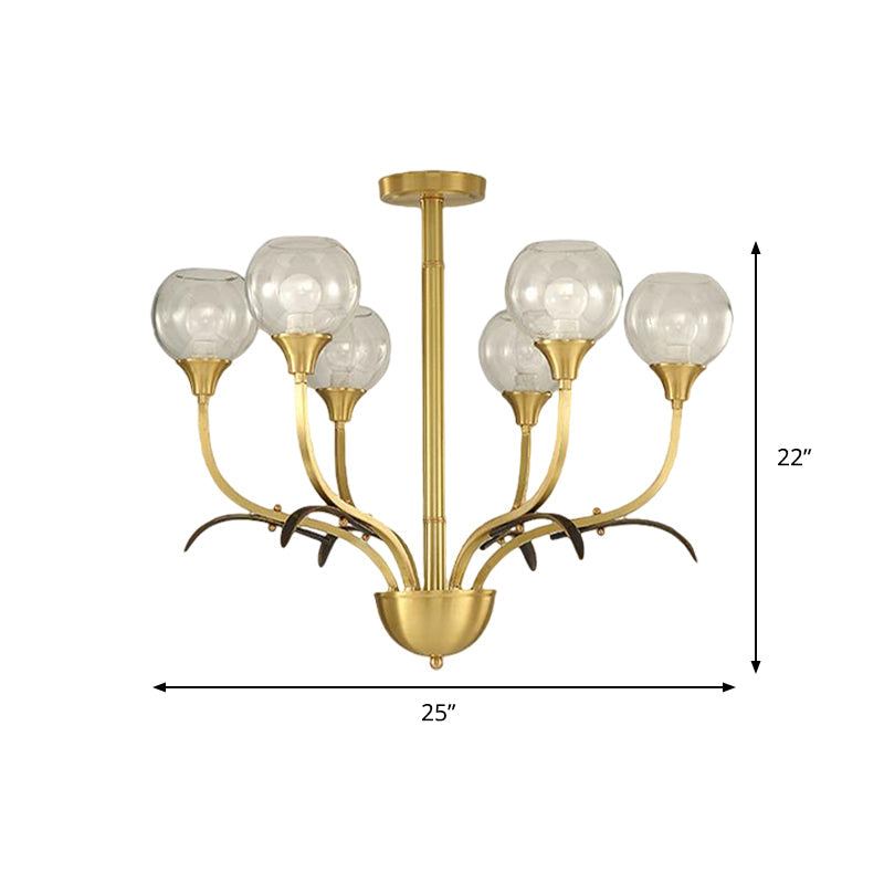 Vintage Brass Flushmount Chandelier With Clear Glass 3/6 Heads - Perfect For Sitting Rooms