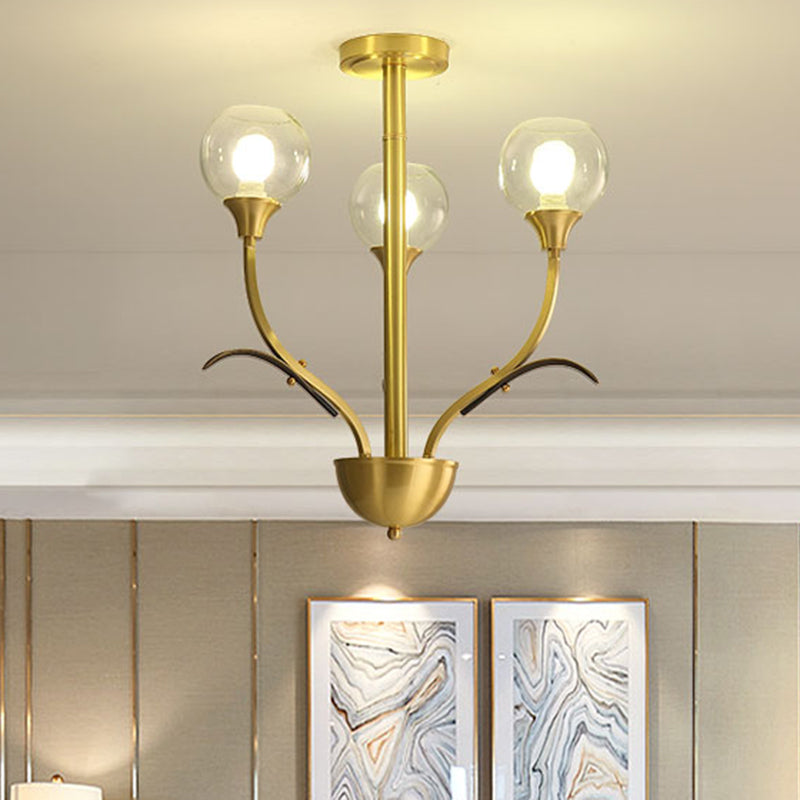 Vintage Brass Flushmount Chandelier With Clear Glass 3/6 Heads - Perfect For Sitting Rooms