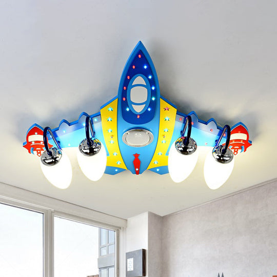 Blue Cartoon Plane Ceiling Light Fixture: Frosted Glass 4 Lights Flushmount For Kids Room