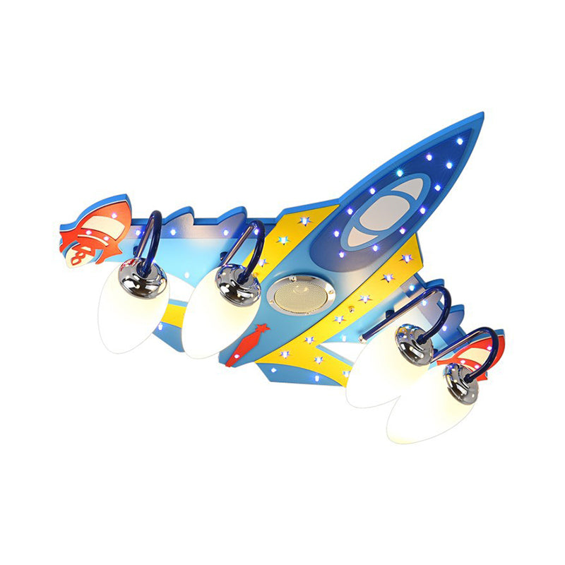 Blue Cartoon Plane Ceiling Light Fixture: Frosted Glass, 4 Lights, Flushmount for Kids Room