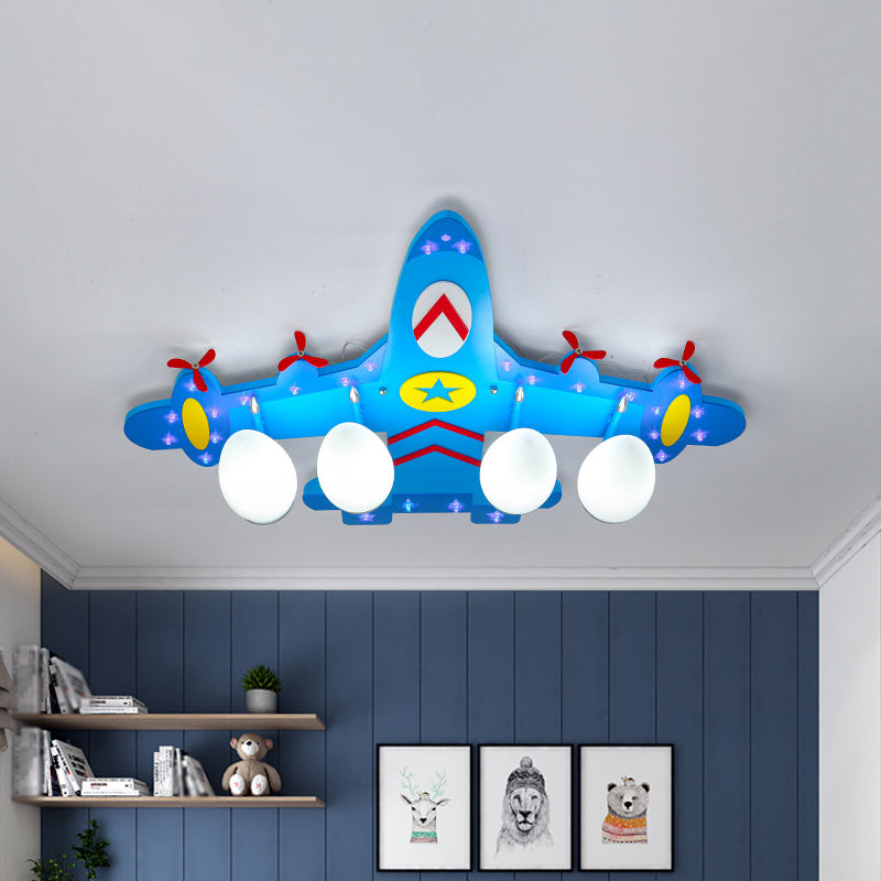 Kids Style Wooden Plane Ceiling Lamp - Flush Mount 4-Light Fixture for Boys Bedroom, Warm/White Light