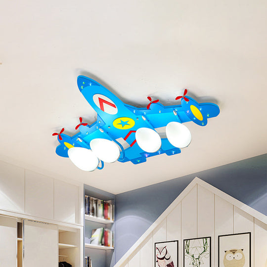 Kids Style Wooden Plane Ceiling Lamp - Flush Mount 4-Light Fixture for Boys Bedroom, Warm/White Light