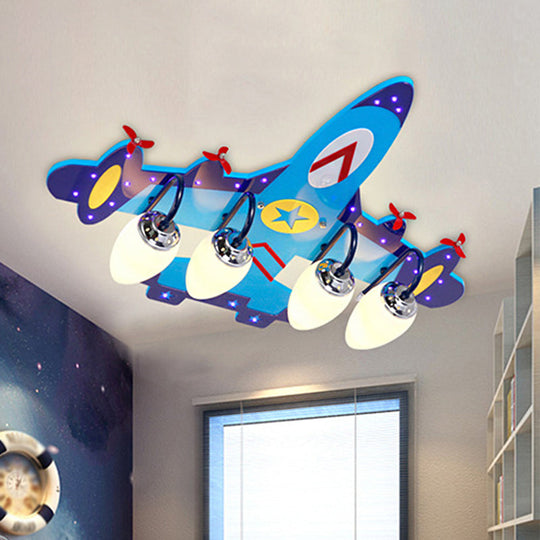 Kid Blue Plane Flush Mount Lamp with Opal Glass Shade - 4-Bulb Bedroom Ceiling Fixture