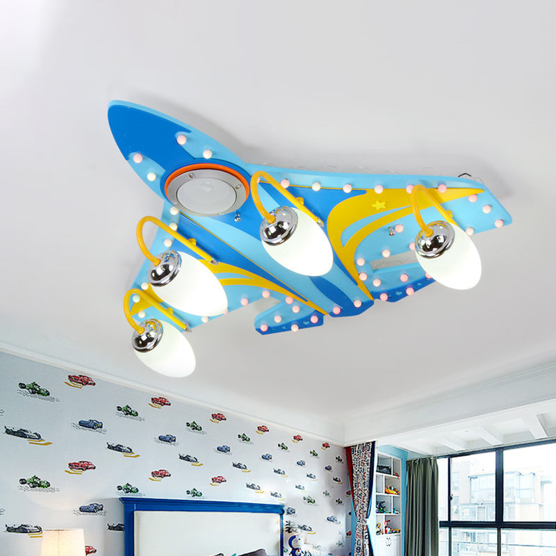 Blue Cartoon Wooden Jet Close to Ceiling Light - 4 Heads Bedroom Flush Fixture