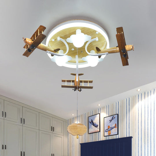 Kids' Yellow Cloud & Plane 3-Light Wood Ceiling Flushmount with Pull Chain