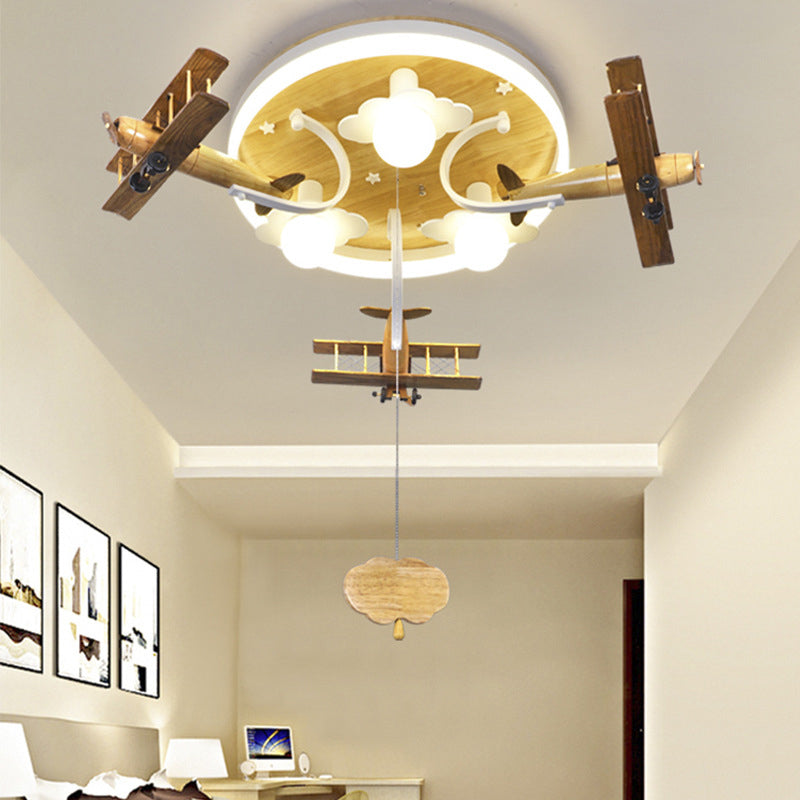 Kids' Yellow Cloud & Plane 3-Light Wood Ceiling Flushmount with Pull Chain