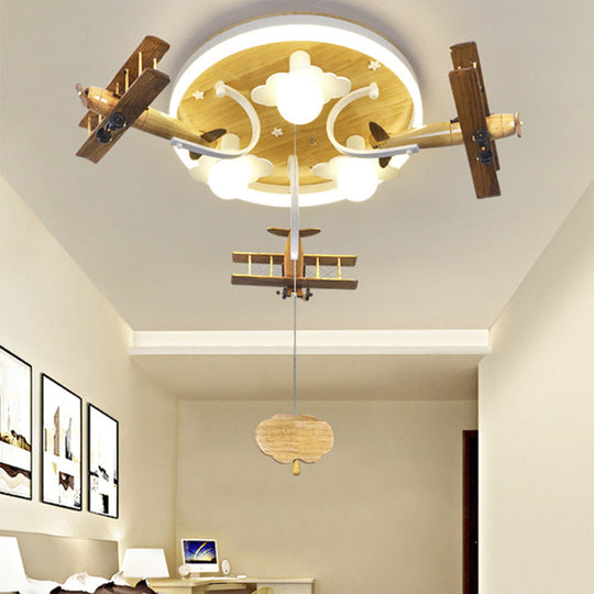 Kids Yellow Cloud & Plane 3-Light Wood Ceiling Flushmount With Pull Chain