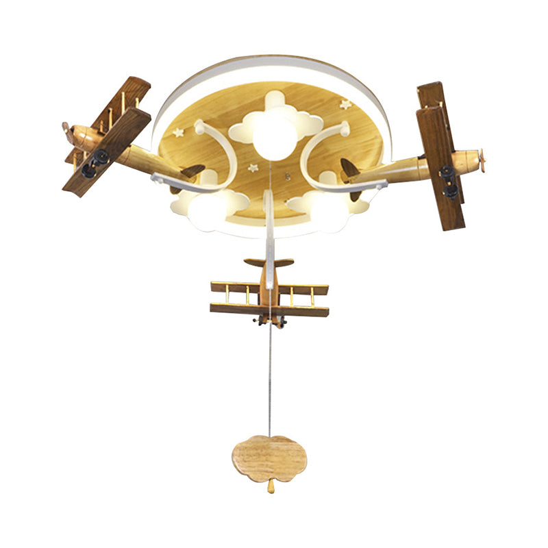 Kids' Yellow Cloud & Plane 3-Light Wood Ceiling Flushmount with Pull Chain