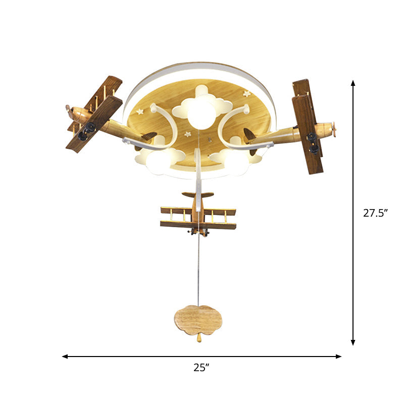 Kids' Yellow Cloud & Plane 3-Light Wood Ceiling Flushmount with Pull Chain