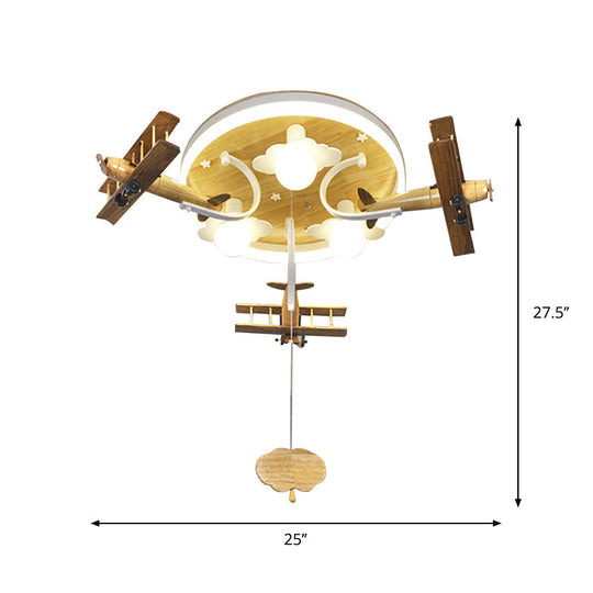 Kids Yellow Cloud & Plane 3-Light Wood Ceiling Flushmount With Pull Chain