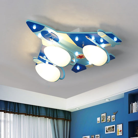 Opaline Glass 3-Head Bomber Plane Ceiling Lamp for Child's Bedroom - Blue