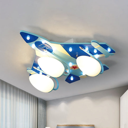 Opaline Glass 3-Head Bomber Plane Ceiling Lamp for Child's Bedroom - Blue