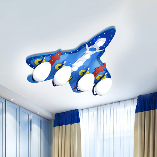 Blue Jet Flushmount Ceiling Light with Cartoon Design - 4 Bulbs, White Glass Shade