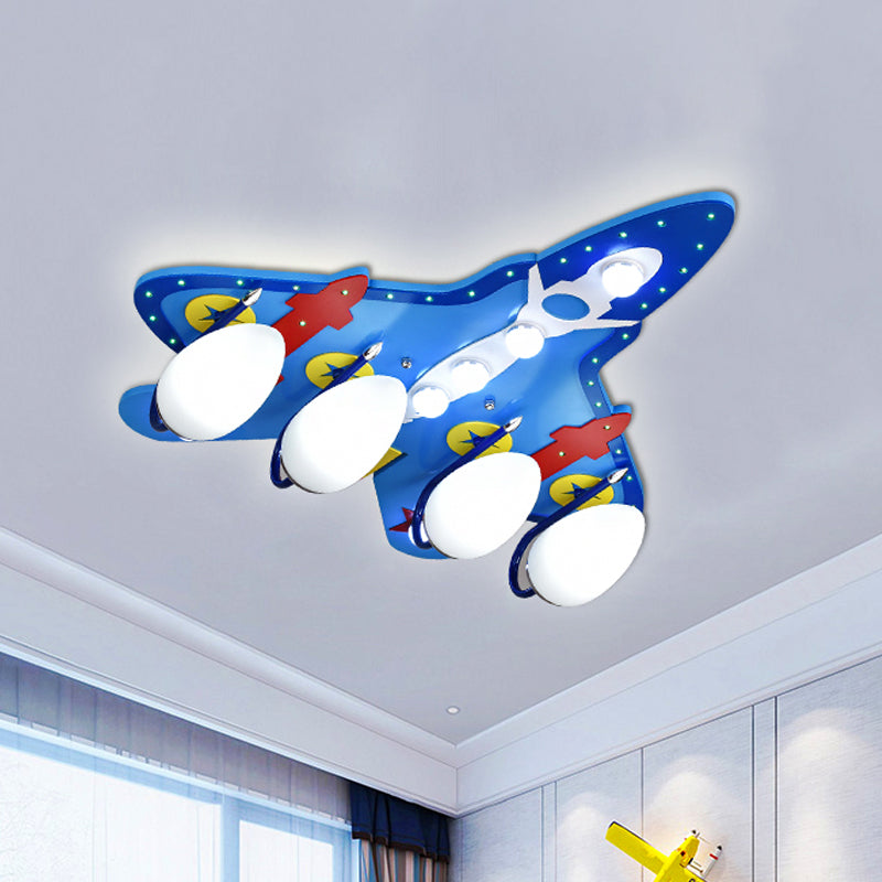 Blue Jet Flushmount Ceiling Light with Cartoon Design - 4 Bulbs, White Glass Shade