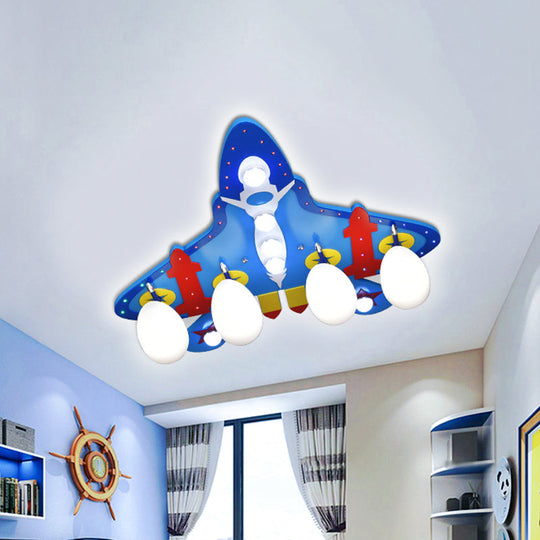 Blue Jet Flushmount Ceiling Light with Cartoon Design - 4 Bulbs, White Glass Shade