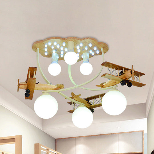 Creative Wooden Biplane Ceiling Lamp with 6 Heads in Brown for Boys Room - Flush Mount Light with Globe White Glass Shade