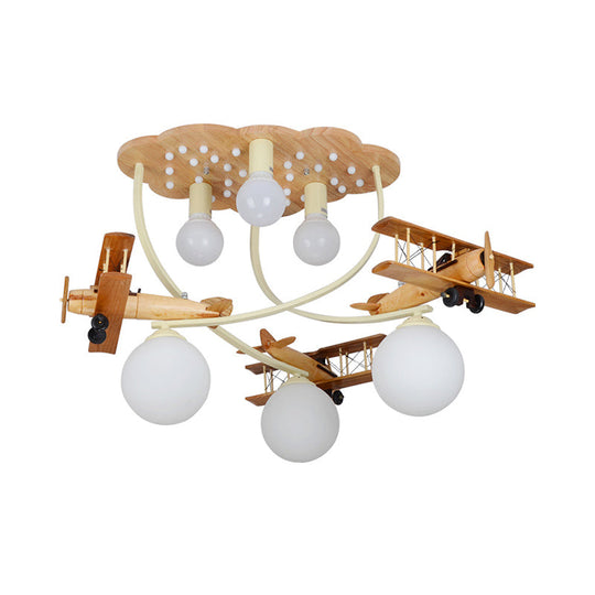 Creative Wooden Biplane Ceiling Lamp with 6 Heads in Brown for Boys Room - Flush Mount Light with Globe White Glass Shade