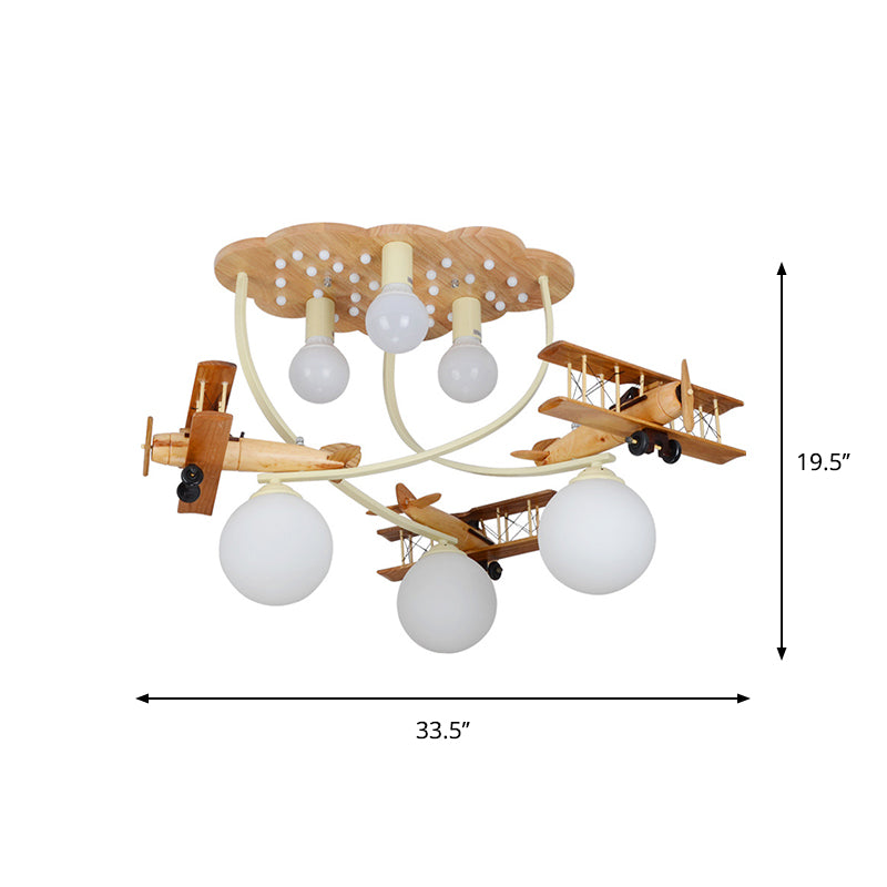 Creative Wooden Biplane Ceiling Lamp with 6 Heads in Brown for Boys Room - Flush Mount Light with Globe White Glass Shade